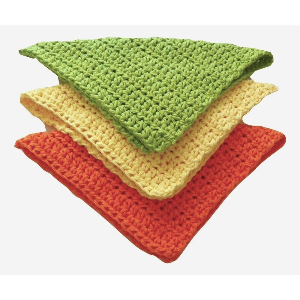 (3) Handmade Crocheted Dishcloths Washcloths 100% Cotton Yellow Orange Green